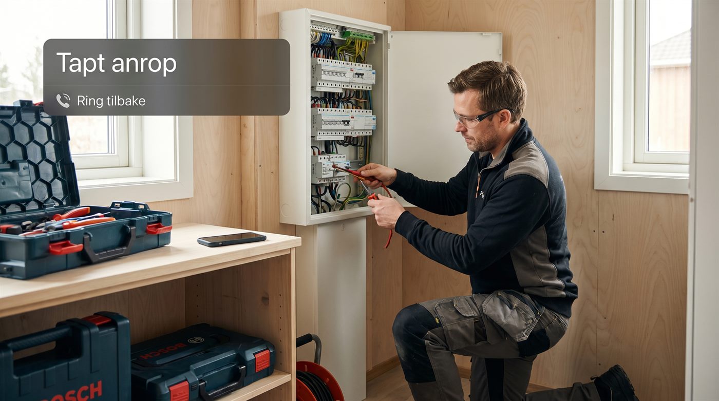 Elektriker som jobber i et sikringsskap mens telefonen viser et tapt anrop
