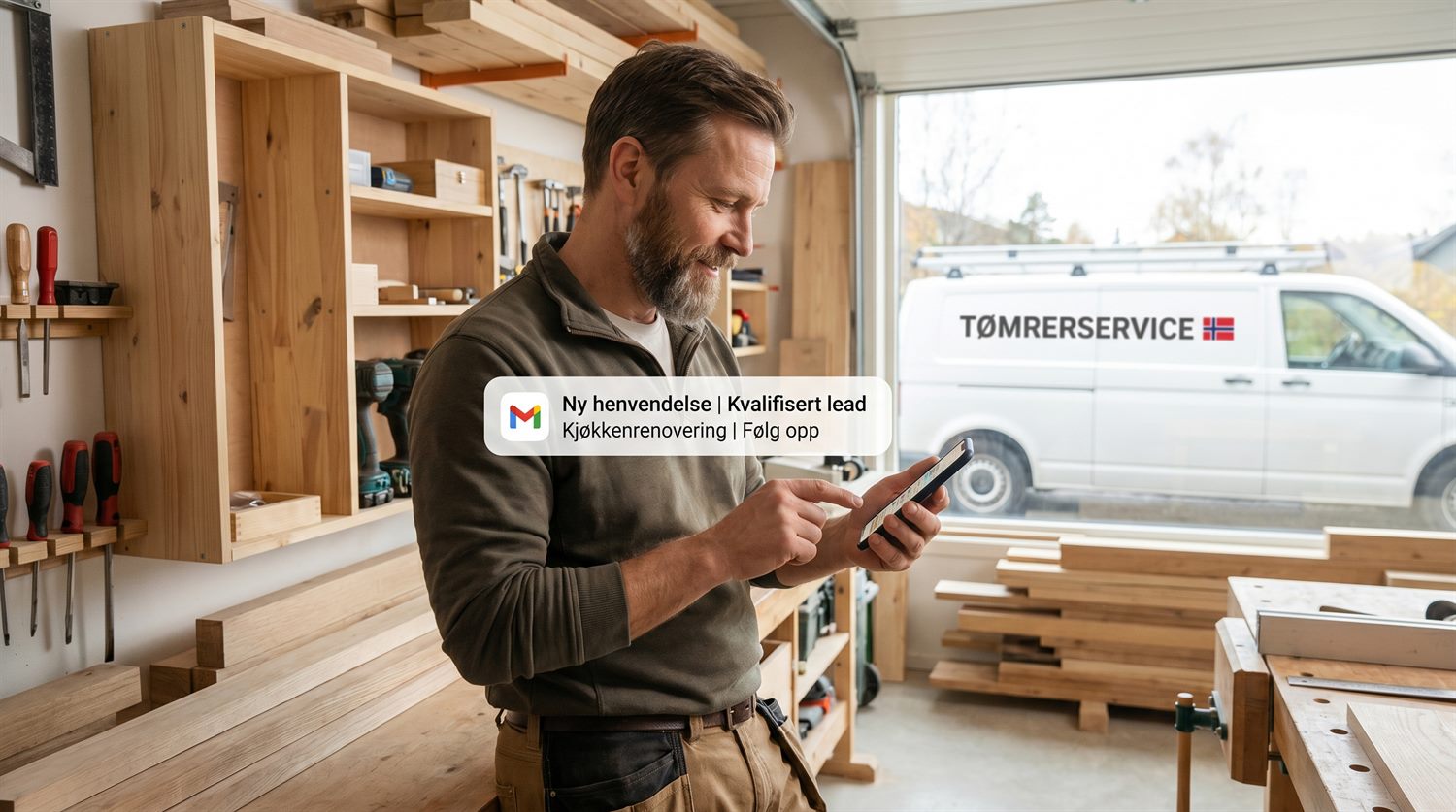 Snekker i verkstedet som ser en kvalifisert ny henvendelse om kjøkkenrenovering på nettbrettet