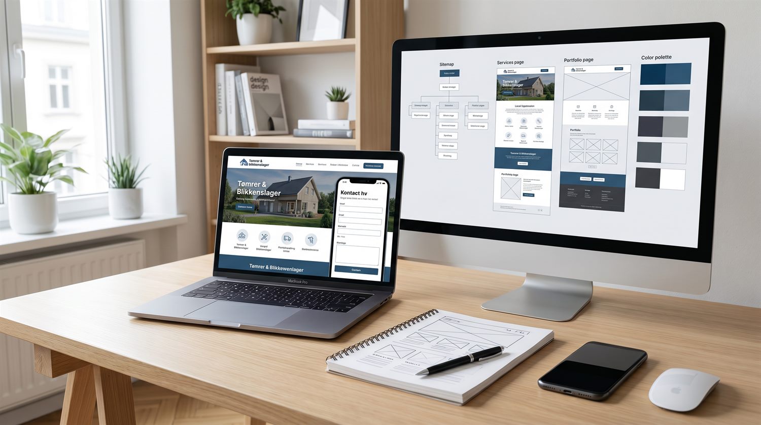 Arbeidsplass med bærbar PC og skjerm som viser design av en nettside for en håndverksbedrift